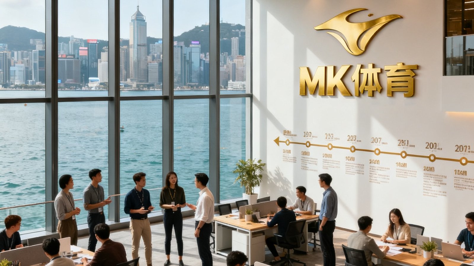 MK体育香港总部办公室团队合影，数十名员工在现代化开放式办公空间中或站立讨论或专注工作，落地窗外是维多利亚港海景，室内墙面装饰有公司金色LOGO和发展历程时间线