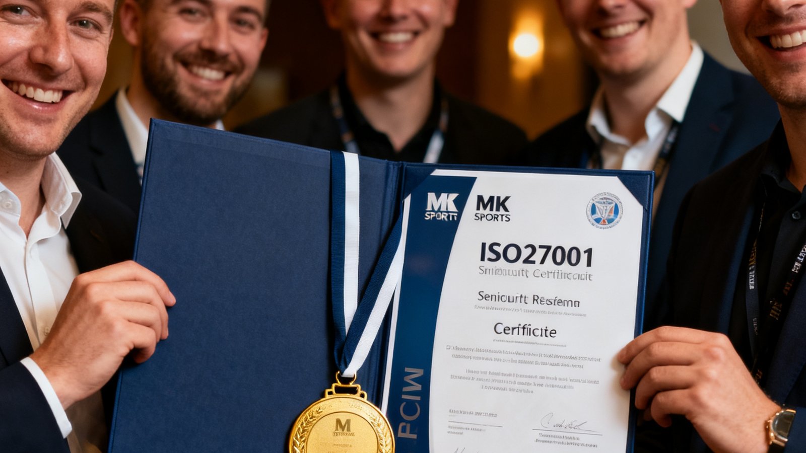 MK体育获得ISO27001信息安全认证的新闻图片，证书特写与团队庆祝场景，金色奖牌与深蓝色证书封面形成鲜明对比